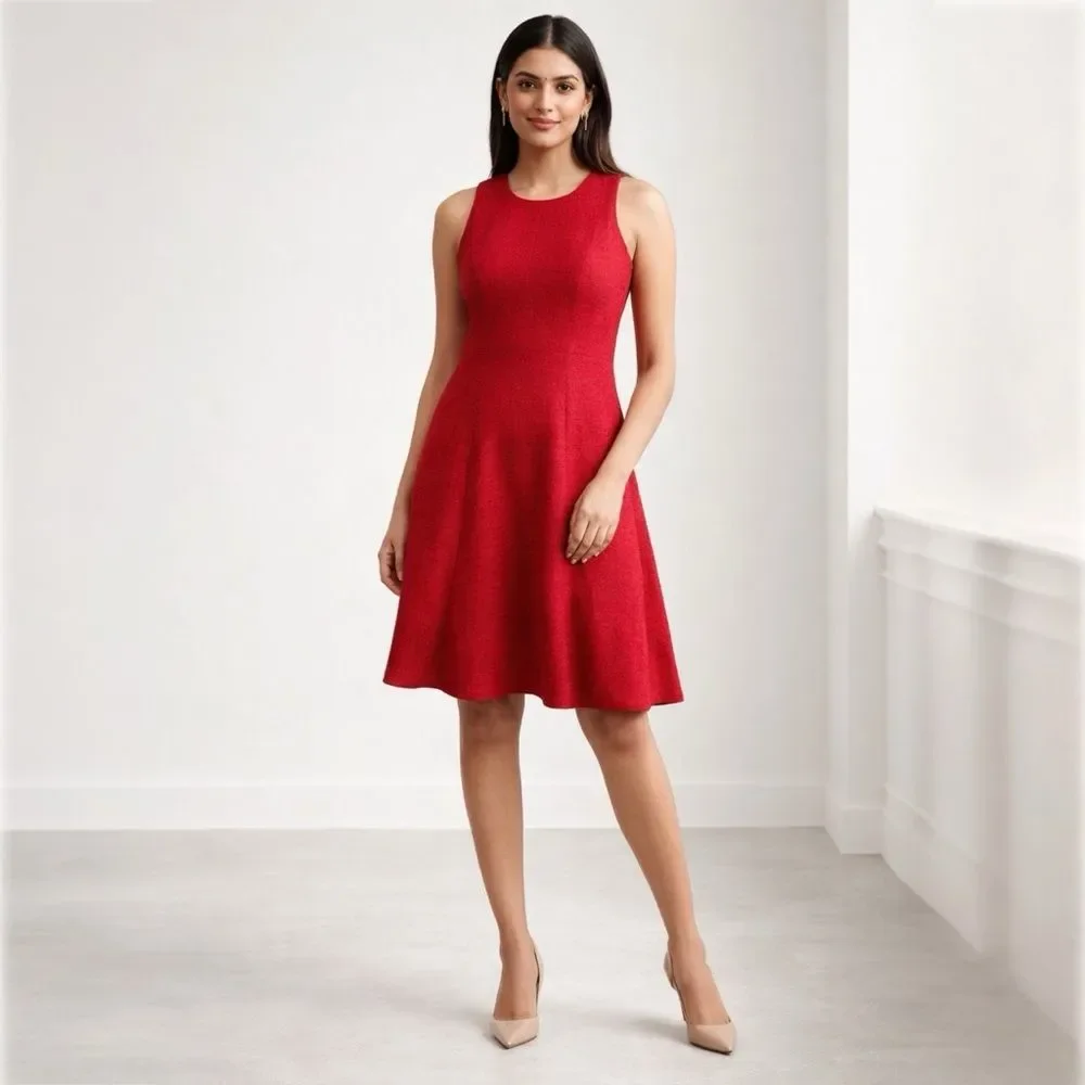 Banana Republic Red Textured Tweed Fit & Flare Dress